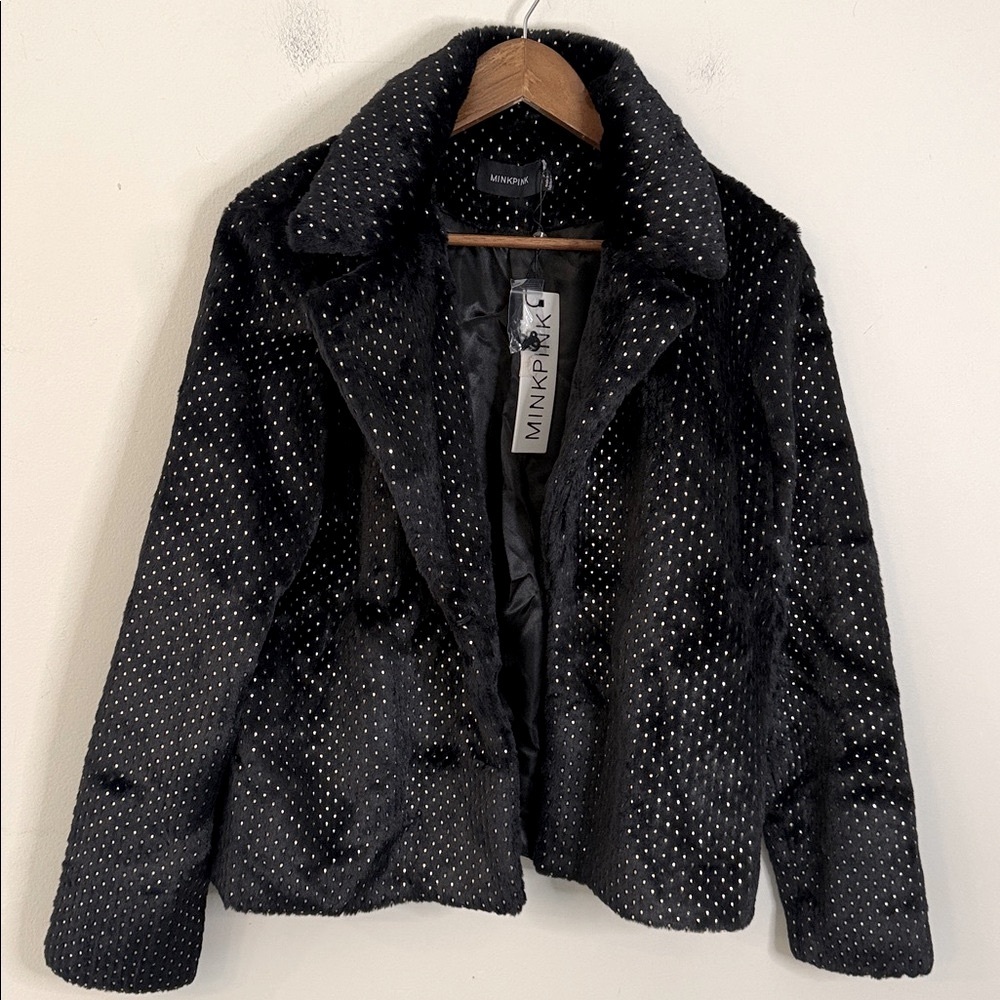 MINKPINK faux fur black jacket with gold dot pattern open front chunky warm SM - Picture 1 of 14